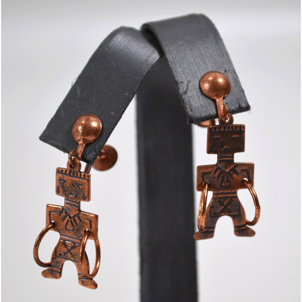 Vintage Southwest-style Copper Kachina Doll Screwback Earrings Carved Figures